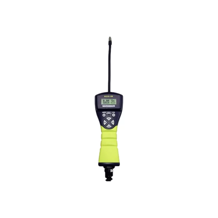 The Bacharach H25-IR PRO features a yellow grip and black display for precise readings, has intuitive navigation buttons, and includes a connected probe for accurate pressure measurement. - Ribble Marine