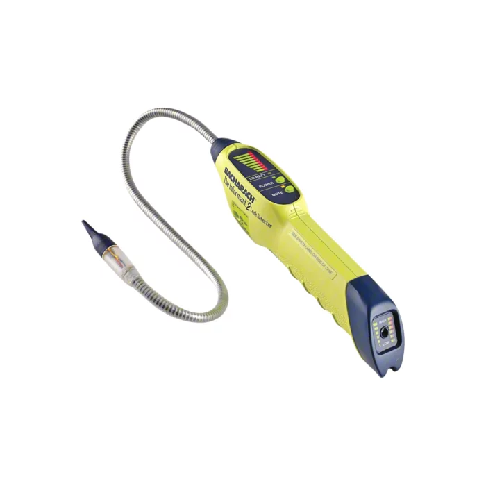 The Bacharach Informant 2 is a yellow handheld leak detector with a flexible probe, digital display with colored indicators, ergonomic handle, and on/off buttons for easy use. - Ribble Marine