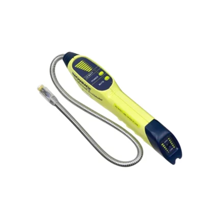 The Bacharach Informant 2 is a yellow and blue electronic gas leak detector with a flexible metal probe, beautifully presented on a white backdrop. - Ribble Marine