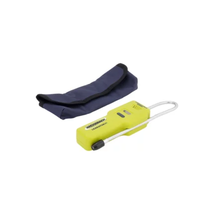 The Bacharach Leakator Jr, a yellow gas leak detector featuring a flexible probe, sits beside a dark blue case. - Ribble Marine