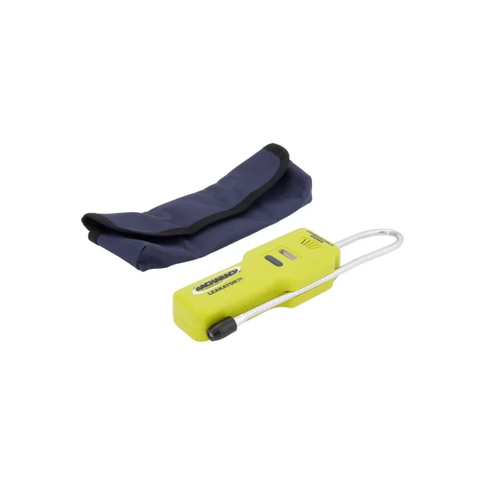 The Bacharach Leakator Jr, a yellow gas leak detector featuring a flexible probe, sits beside a dark blue case. - Ribble Marine