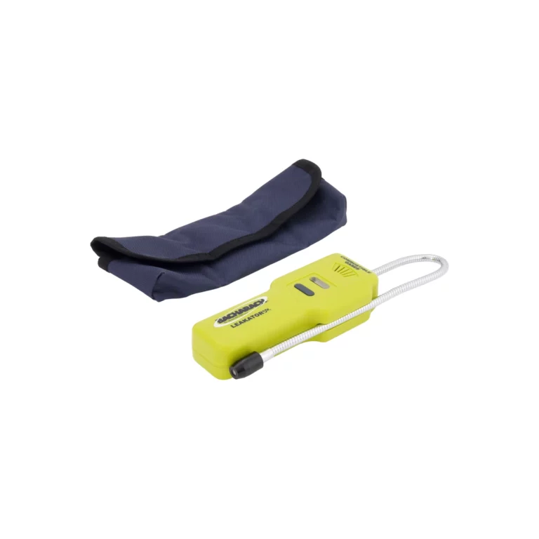 The Bacharach Leakator Jr, a yellow gas leak detector featuring a flexible probe, sits beside a dark blue case. - Ribble Marine