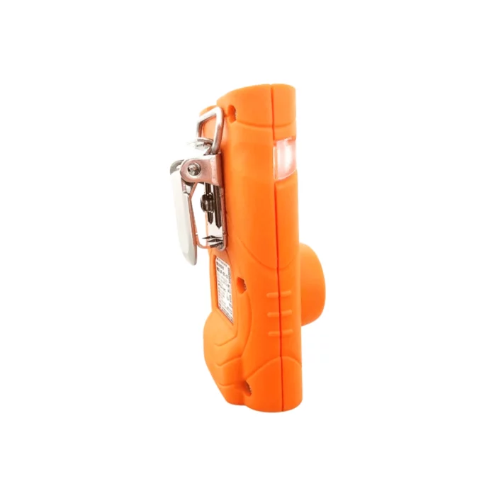 The Crowcon Clip SGD is an orange handheld device with a stylish metallic side clip, featuring easy-access buttons and a secure, textured grip. - Ribble Marine