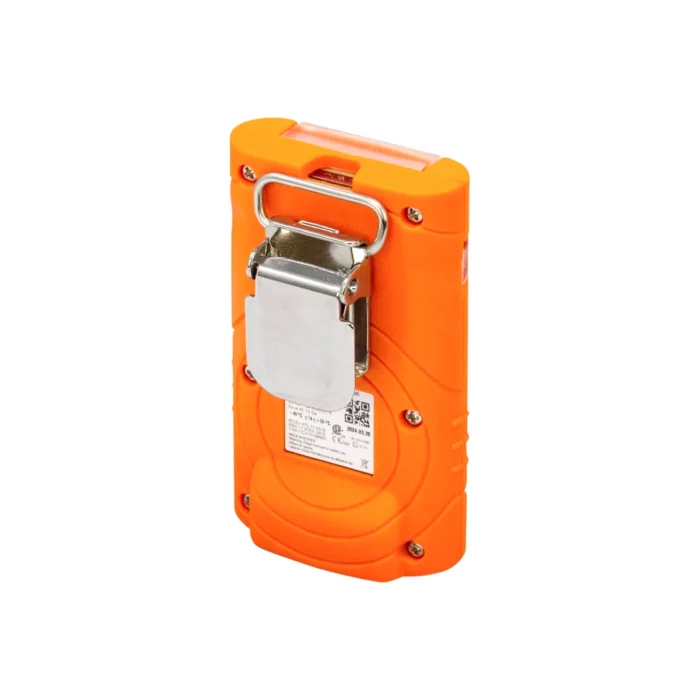 The back of the Crowcon Clip single gas detector shows a stainless steel fastening clip.