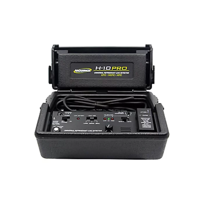 The H10PRO, much like Bacharach's H-10 PRO, is a hidden camera and live transmission detector with exposed intricate controls and switches in an open protective case. - Ribble Marine