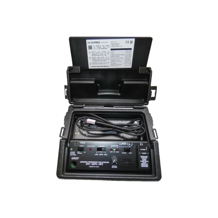 The Bacharach H-10 PRO is a sleek black electronic refrigerant leak detector featuring an open lid, various buttons and connectors, and a coiled cable inside for precision leak detection. - Ribble Marine