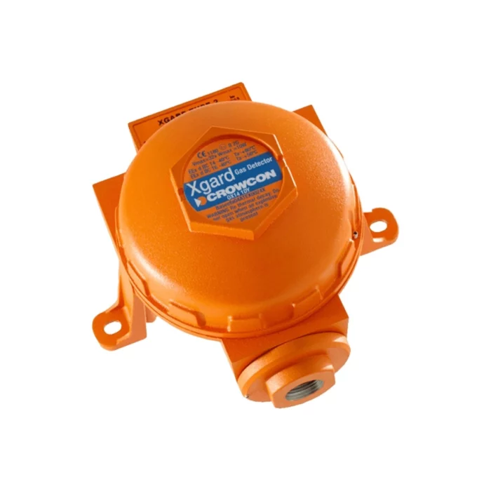 The Crowcon Xgard gas detector, in vibrant orange, is equipped with sturdy mounting brackets and a detailed label that displays essential product information. - Ribble Marine