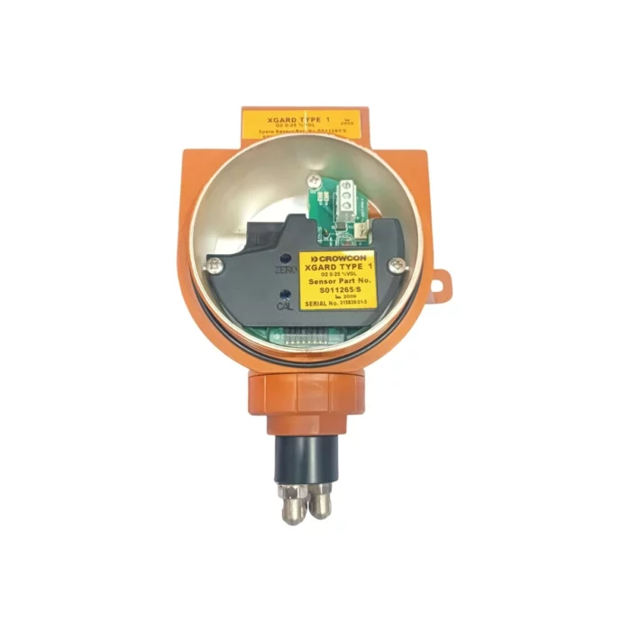 The Crowcon Xgard electronic sensor has an orange and silver round design, visible circuit board, and a label showing technical specifications. - Ribble Marine