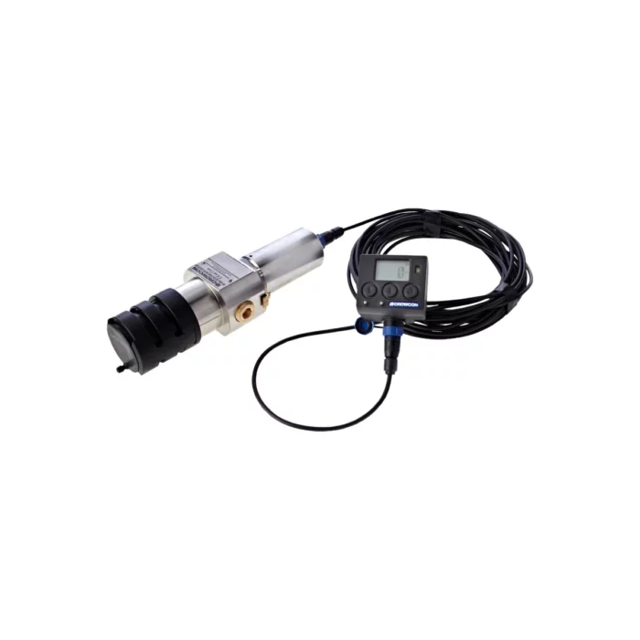 The Crowcon IRmax, an industrial device with a coiled black cable and metallic build, connects to a control unit featuring a digital display for precise gas detection. - Ribble Marine