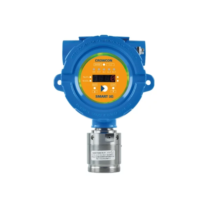 The Crowcon SMART 3G-D2, a blue and yellow gas detector, includes diverse status indicators and labels on its front panel. - Ribble Marine