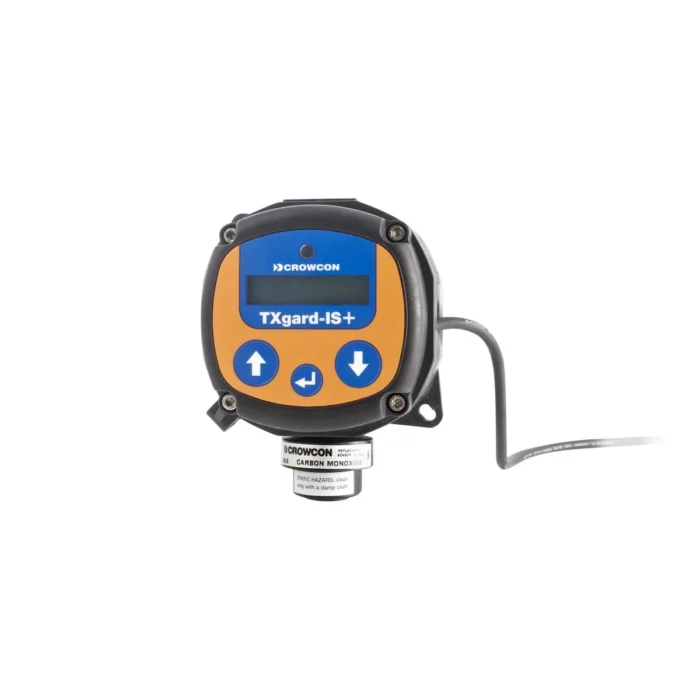 The Crowcon TXgard IS+ gas detector boasts a vivid blue and orange faceplate, three user-friendly navigation buttons, and a clear digital display, all connected by a cable. - Ribble Marine