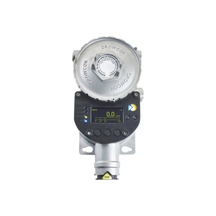 The Crowcon Xgard IQ gas detector, designed for industrial safety and precision, includes a digital display with labeled buttons displaying 0.0 and is mounted on a silver base with a round protective cover. - Ribble Marine