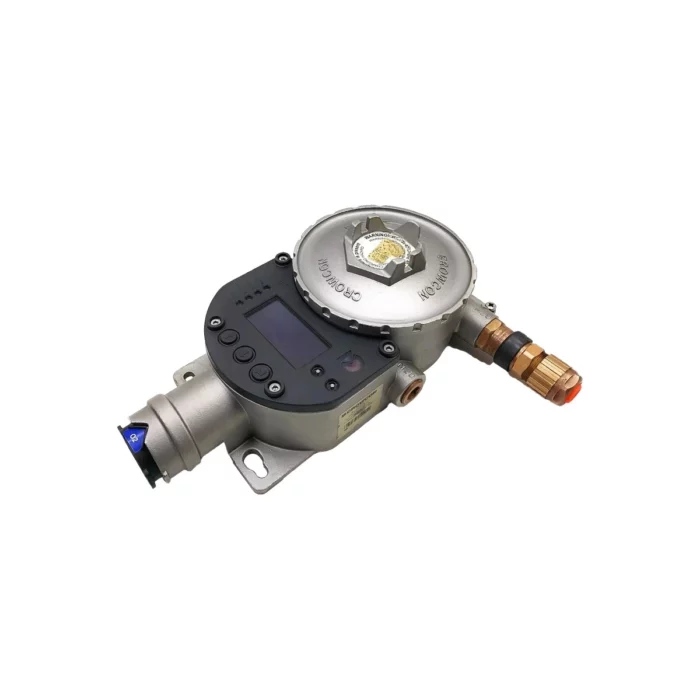 The Crowcon Xgard IQ industrial gas detector features a digital display, metal housing, and threaded connectors, all showcased on a white background. - Ribble Marine