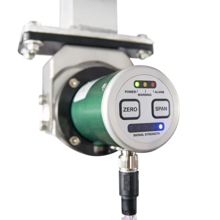 A close-up of the Green Instruments G26 sensor reveals labeled "Zero" and "Span" buttons, a cable connection, and indicator lights for "Power," "Warning," and "Alarm. - Ribble Marine