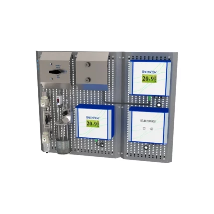 The Green Instruments G3600 industrial control panel, showcasing precision technology, features digital displays reading "20.9" integrated with "GreenVen" and "Selector Box" labeled wiring for enhanced monitoring and control. - Ribble Marine