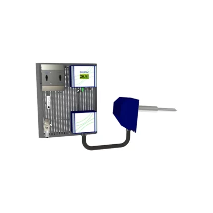 The Green Instruments G4130 is a sophisticated digital control panel featuring dual screens, a probe arm, and various controls, all elegantly mounted on a perforated metal board. - Ribble Marine