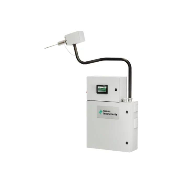 The Green Instruments G7200, an industrial device, features a white body, flexible black hose and probe, green logo, and small screen for precise monitoring or measurement tasks. - Ribble Marine