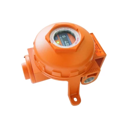 The vibrant orange Crowcon Xgard Bright gas detector features a top digital display for easy reading and is perfect for industrial use, complete with mounting brackets and connection points for secure installation. - Ribble Marine