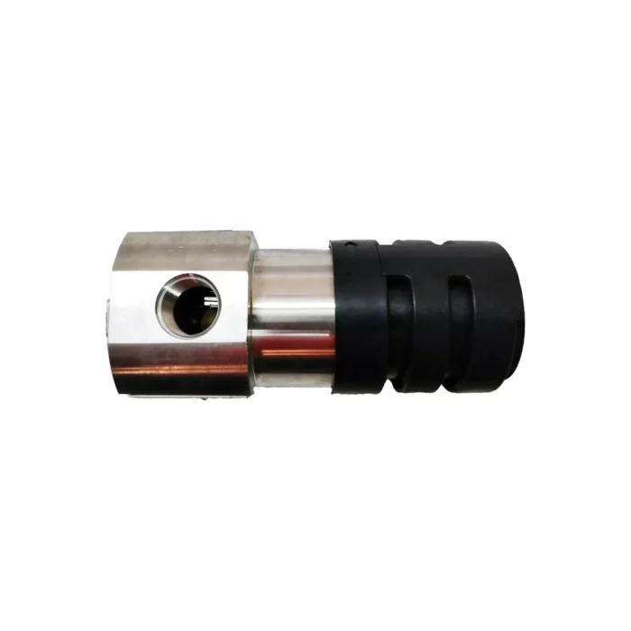The Crowcon IRmax gas detector pairs seamlessly with a metal and black rubber hose connector, featuring a hexagonal metallic section and a cylindrical rubber grip, for enhanced safety and precision. - Ribble Marine