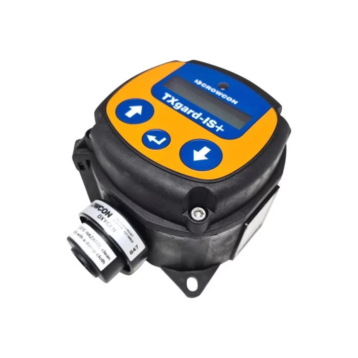 The Crowcon TXgard IS+ gas detector has a distinctive yellow and blue display, a sensor attachment, and two arrow buttons for easy navigation. - Ribble Marine