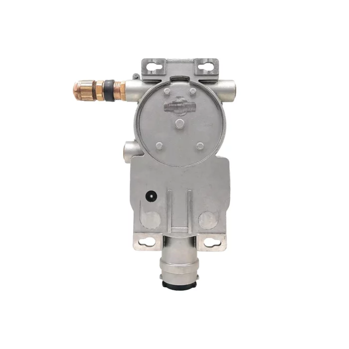 The metal gas pressure regulator, compatible with the Crowcon Xgard IQ system, includes multiple connection points like a copper fitting on the top left and a black base outlet for seamless integration. - Ribble Marine