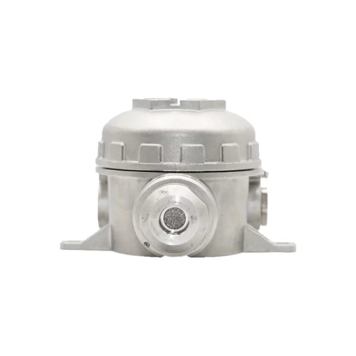 Front view of a Crowcon Xgard Bright industrial pressure transmitter with a cylindrical metal body and connection fitting, highlighting its reliability. - Ribble Marine