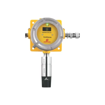 The vivid yellow Uniphos Kwiksense Lite gas detector comes with a digital display and a sleek cylindrical sensor for precise monitoring, enhancing safety. - Ribble Marine