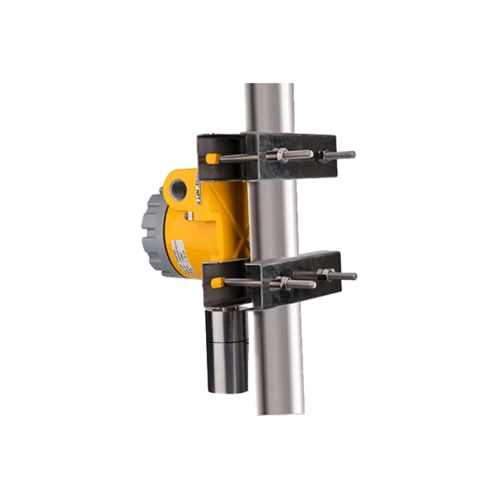 The Uniphos Kwiksense Pro is an industrial device in yellow, securely mounted on a vertical metal pole with sturdy brackets and bolts, assuring reliable performance and durability in demanding environments. - Ribble Marine