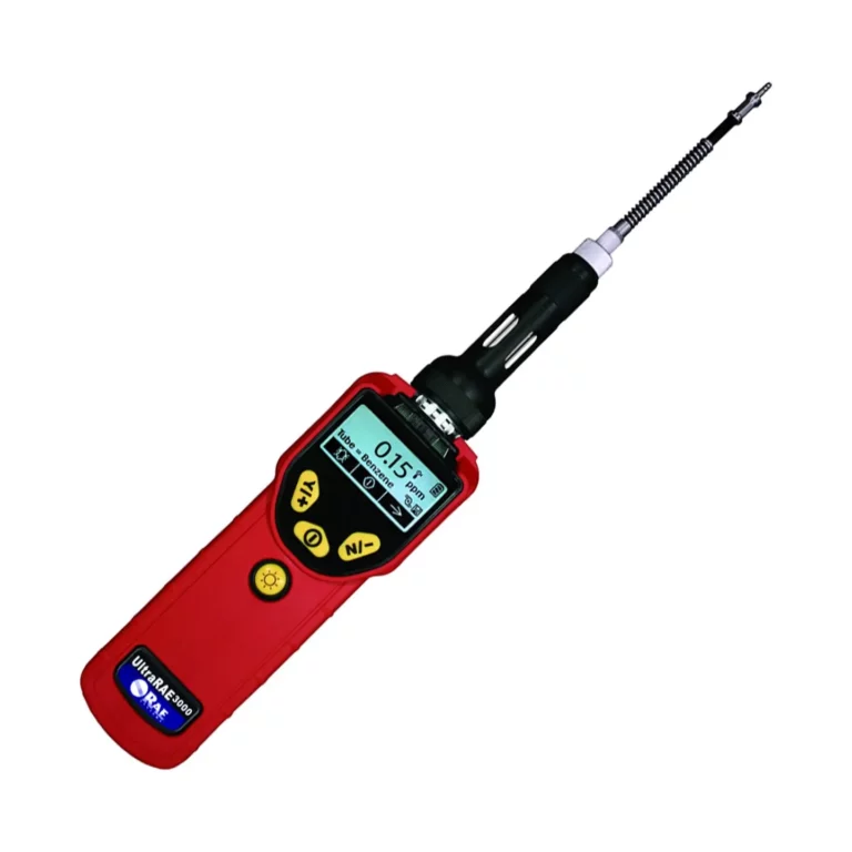 A handheld red digital gas detector with a display screen showing a reading of 0.15 and control buttons, featuring a long sensor probe at the top. - Ribble Marine